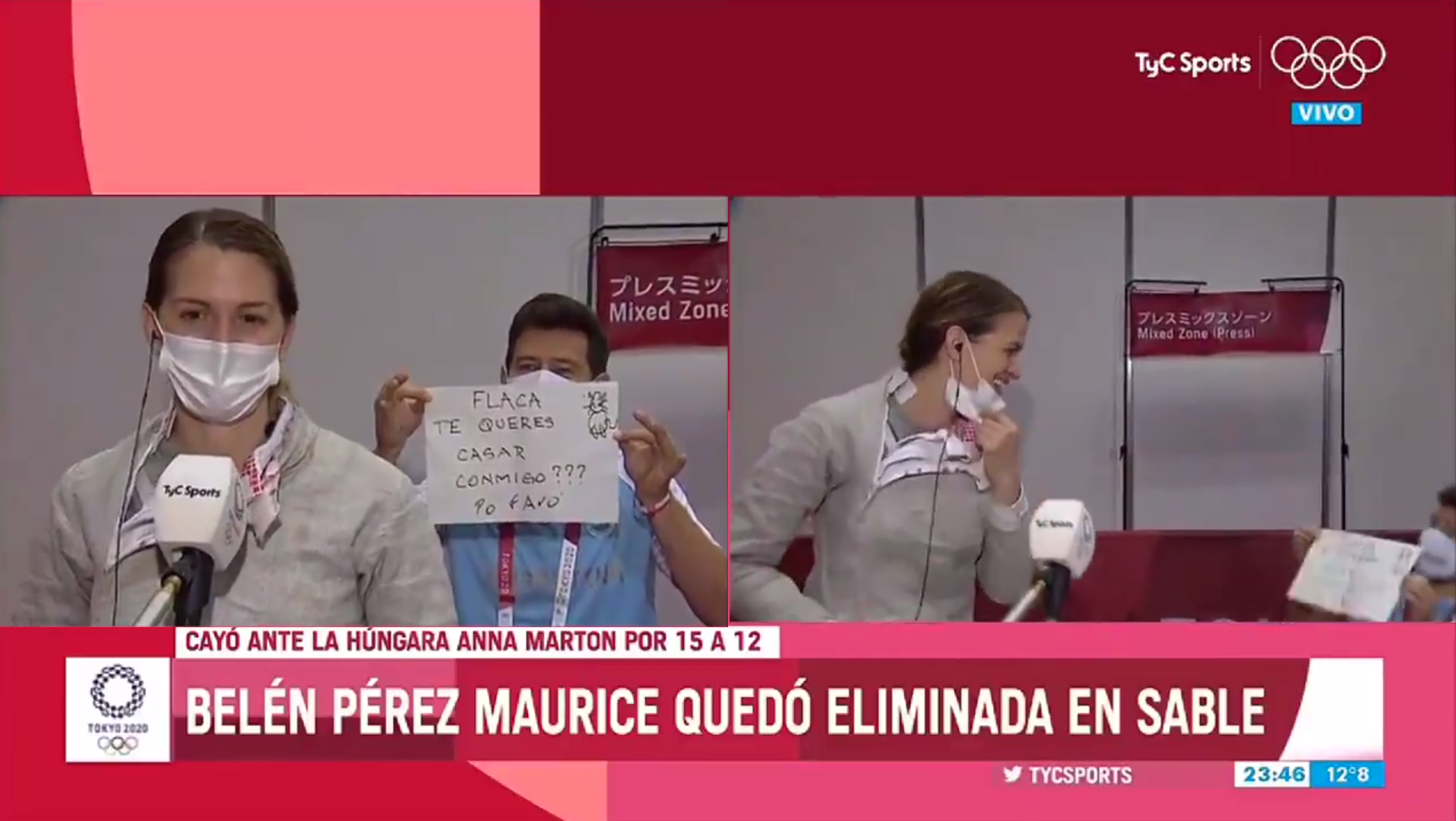 Tras culminar su participación en Tokio y ser eliminada de la competencia de sable, la argentina Belén Pérez Maurice, fue sorprendida con una proposición de matrimonio en plena entrevista.