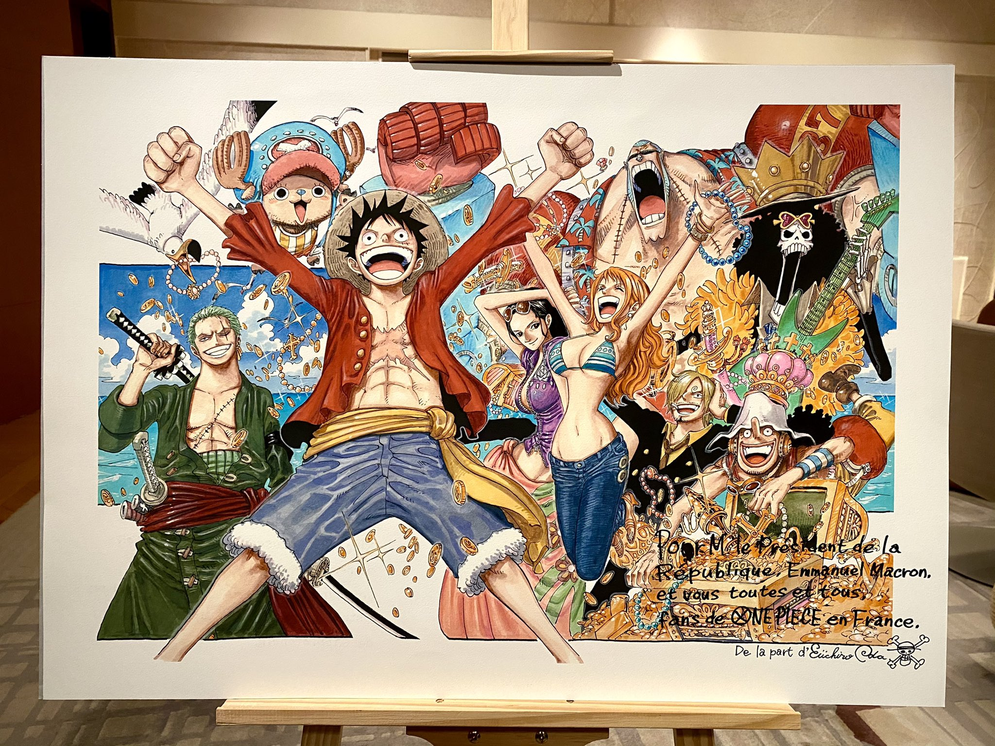 Emmanuel Macron, presidente de Francia, compartió una ilustración original de One Piece que le envió el mismo Eiichiro Oda.