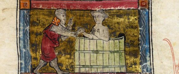 Lancelot rescatando a una dama de una bañera: el manuscrito forma parte de un grupo de textos denominado Ciclo de la Vulgata (foto) o Ciclo de Lancelot-Grail.