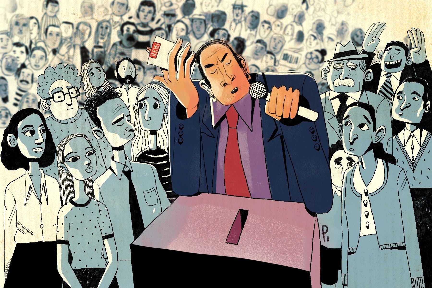 La ilustración muestra a un líder evangélico depositando su voto en las urnas