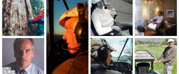 El collage muestra siete fotos de Douglas Tompkins en distintos momentos de su vida