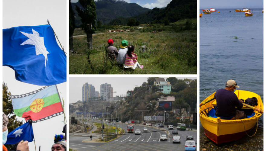 Montaje de foto con imágenes de banderas mapuches, un bote en el mar, un campo y una ciudad