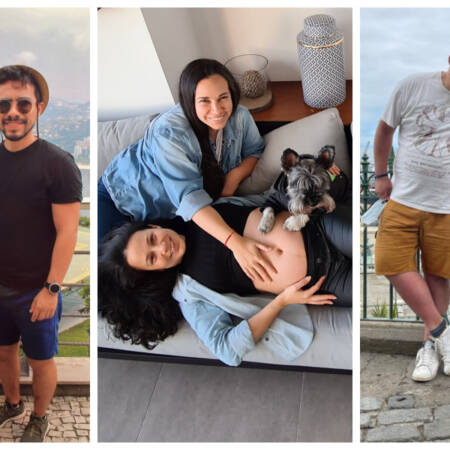 La imagen muestra a tres parejas LGBT sonriendo a la cámara
