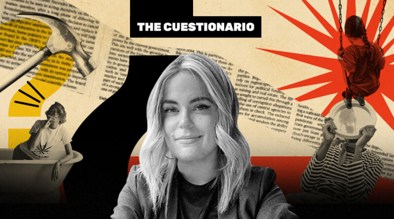 La imagen muestra a Carmen Tuitera frente a un collage de The Cuestionario