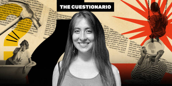 La imagen muestra a Teresa Paneque frente a un collage de The Cuestionario
