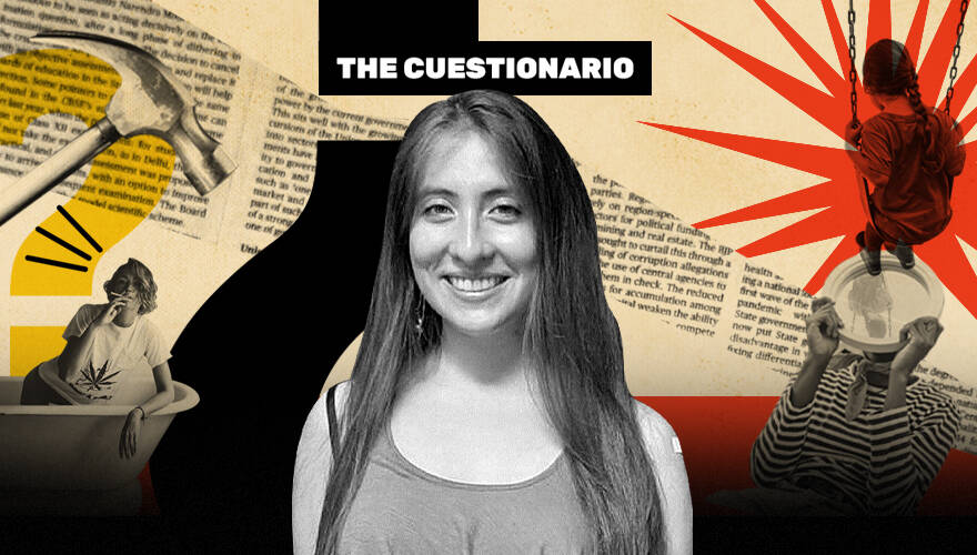 La imagen muestra a Teresa Paneque frente a un collage de The Cuestionario