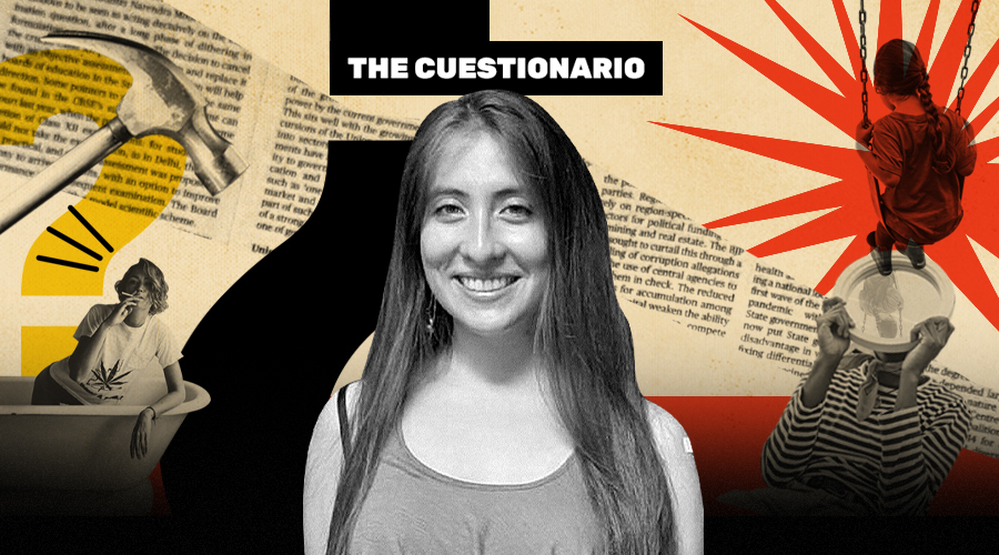 La imagen muestra a Teresa Paneque frente a un collage de The Cuestionario