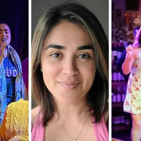 Collage con tres fotos de Daniela Guichard. En dos del costado aparece cantando, y la del medio es una selfie