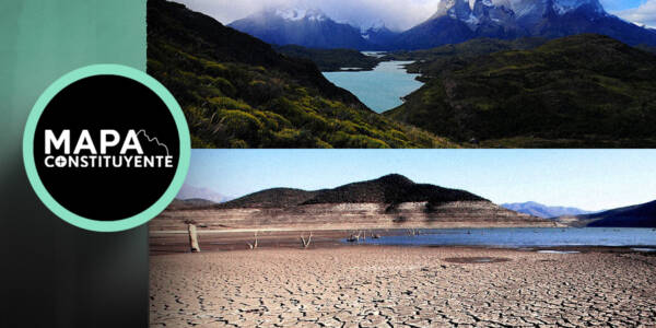 La imagen muestra el logo de "Mapa Constituyente a la izquierda" y el contraste de dos imágenes de paisajes chilenos, una con mucha vegetación y otra que presenta sequía.