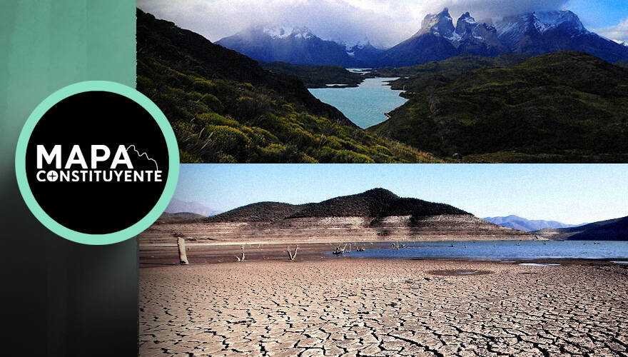 La imagen muestra el logo de "Mapa Constituyente a la izquierda" y el contraste de dos imágenes de paisajes chilenos, una con mucha vegetación y otra que presenta sequía.
