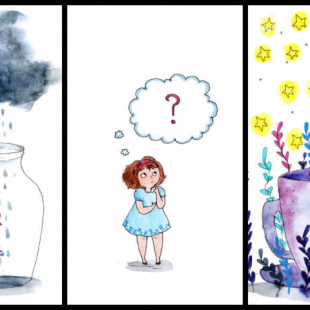 La imagen muestra a tres dibujos de una niña confundida||||||