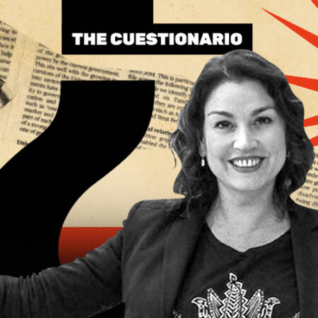 La imagen muestra a Javiera Contador frente a una imagen de The Cuestionario
