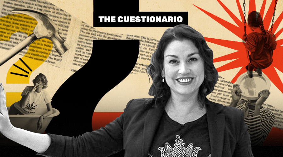 La imagen muestra a Javiera Contador frente a una imagen de The Cuestionario