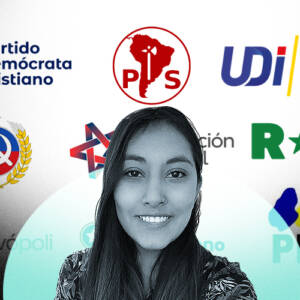 La imagen muestra a Camila Castillo frente a una serie de logos de partidos políticos