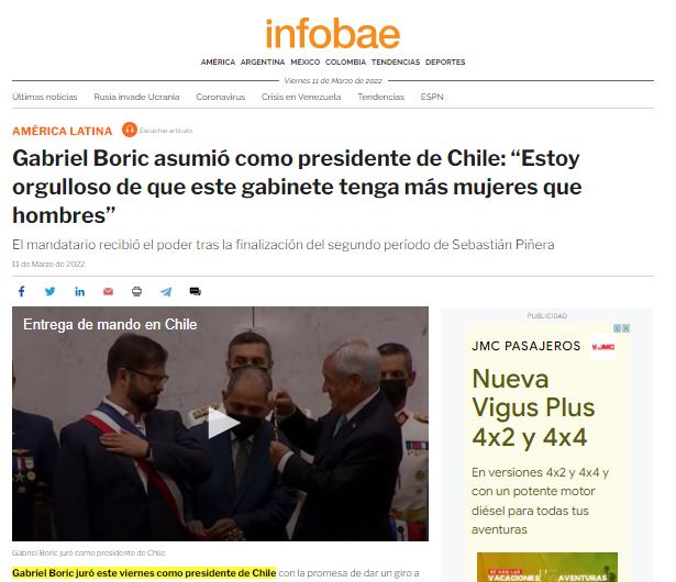 La imagen muestra el titular y la imagen principal de la nota que Infobae realizó sobre la asunción de Boric.