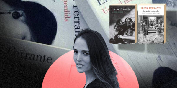 La imagen muestra a Montserrat Martorell frente a varias imágenes de libros de Elena Ferrante