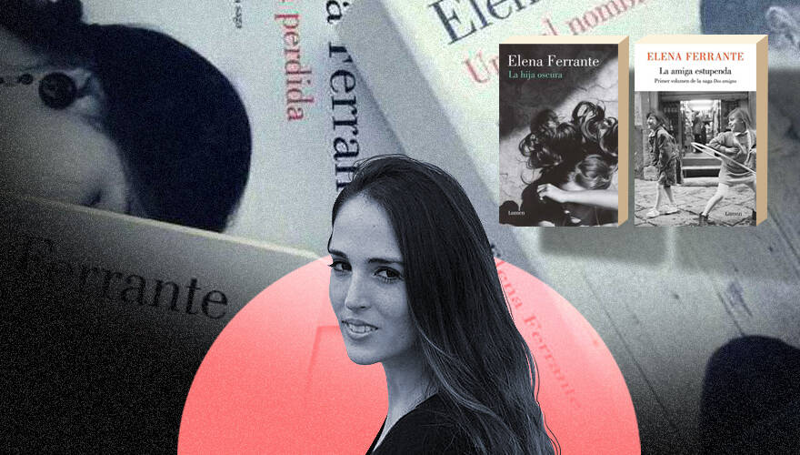 La imagen muestra a Montserrat Martorell frente a varias imágenes de libros de Elena Ferrante