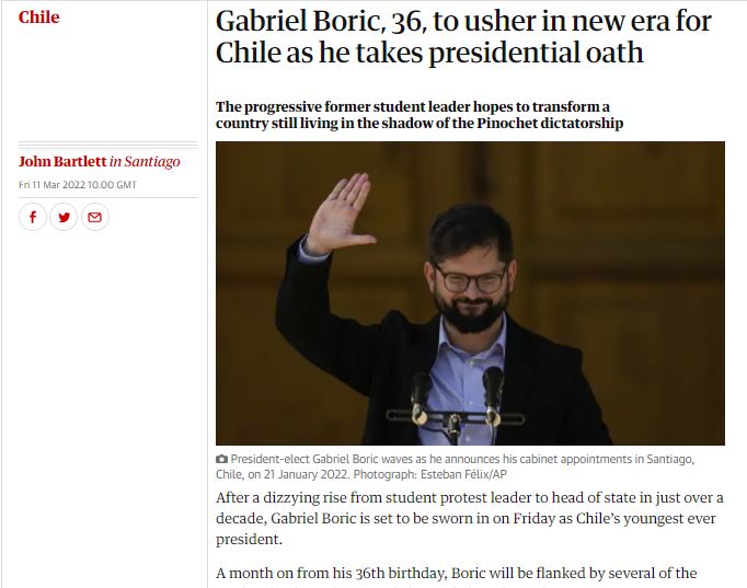 La imagen muestra el titular y la imagen principal de la nota que The Guardian realizó sobre este cambio de mando 2022.