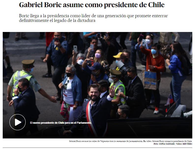 La imagen muestra el titular y la imagen principal de la nota que El País realizó sobre la asunción de Boric.