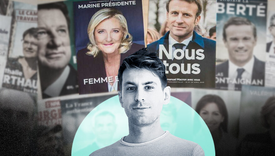 La imagen muestra a Pierre Lebret frente a un afiche de Le Pen y otro de Macron