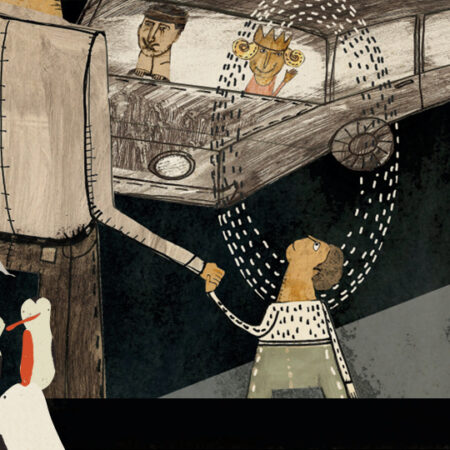 La imagen muestra varias ilustraciones de Santiago en 100 Palabras