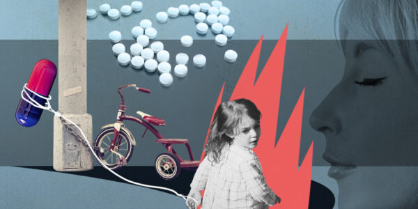 La imagen es un collage en el que se muestra a una niña, pastillas y una madre