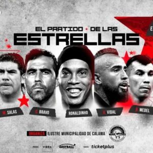 Marcelo Salas, Claudio Bravo, Ronaldinho, arturo vidal y gary medel en el poster que promociona el evento