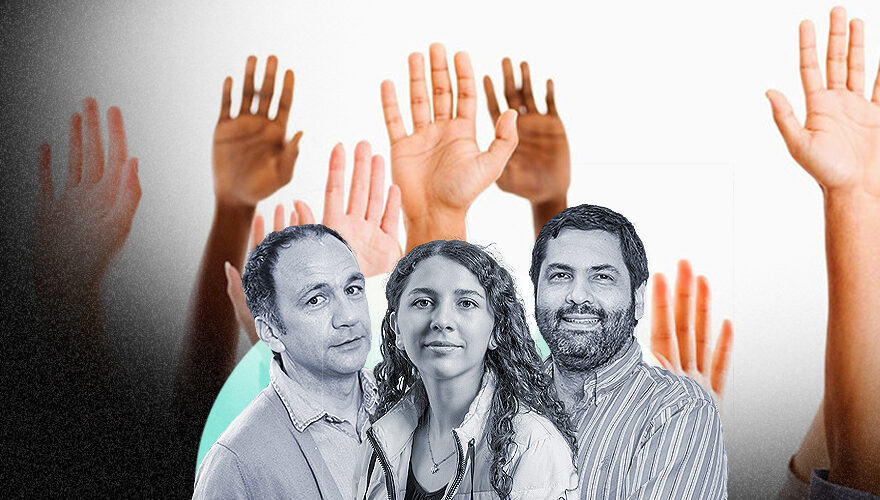 La imagen muestra a los investigadores frente a una imagen de derechos sociales