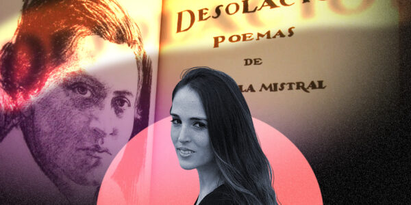 La imagen muestra a Montserrat Martorell frente al poemario Desolación de Gabriela Mistral