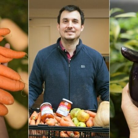 Darío Contreras muestra una de las cajas imperfectas que vende ne Maifud. A la izquierda se ven zanahorias con piernas y una berenjena con nariz.