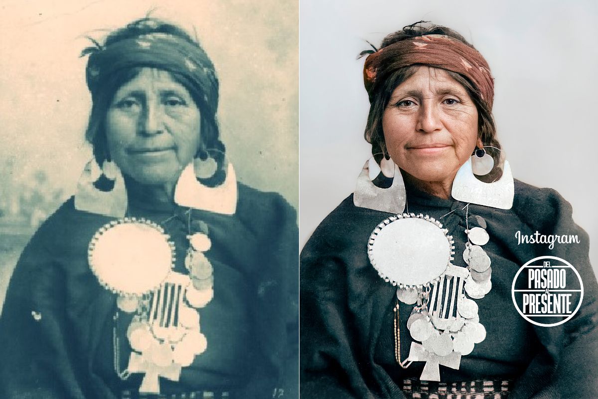Restauración realizada por "Del Pasado al Presente" de una fotografía de una mujer mapuche, comparada con la imagen original.