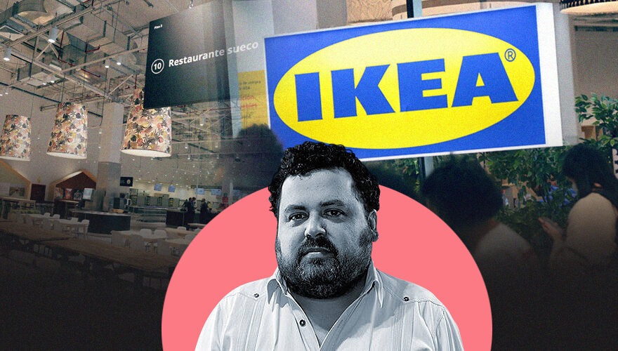 Imagen montada, mostrando el restaurante de Ikea donde se puede comer y, en frente, una foto de Álvaro Peralta