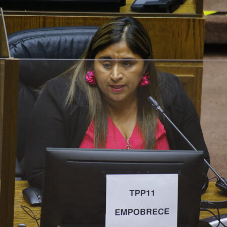 La senadora Fabiola Campillai sentada en la sala del Senado. Aparece detrás del computador, sobre el cuál hay una hoja blanca pegada que dice "TPP 11 empobrece".