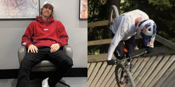A la izquierda, una imagen de Fabio Wibmer con cara de tristeza. A la derecha, una fotografía de él haciendo piruetas en bicicleta.