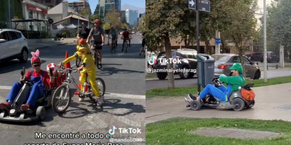 Imágenes de fanáticos de Mario Bros conduciendo por calles de Santiago vestidos como personajes