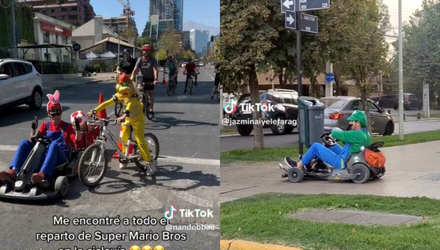 Imágenes de fanáticos de Mario Bros conduciendo por calles de Santiago vestidos como personajes