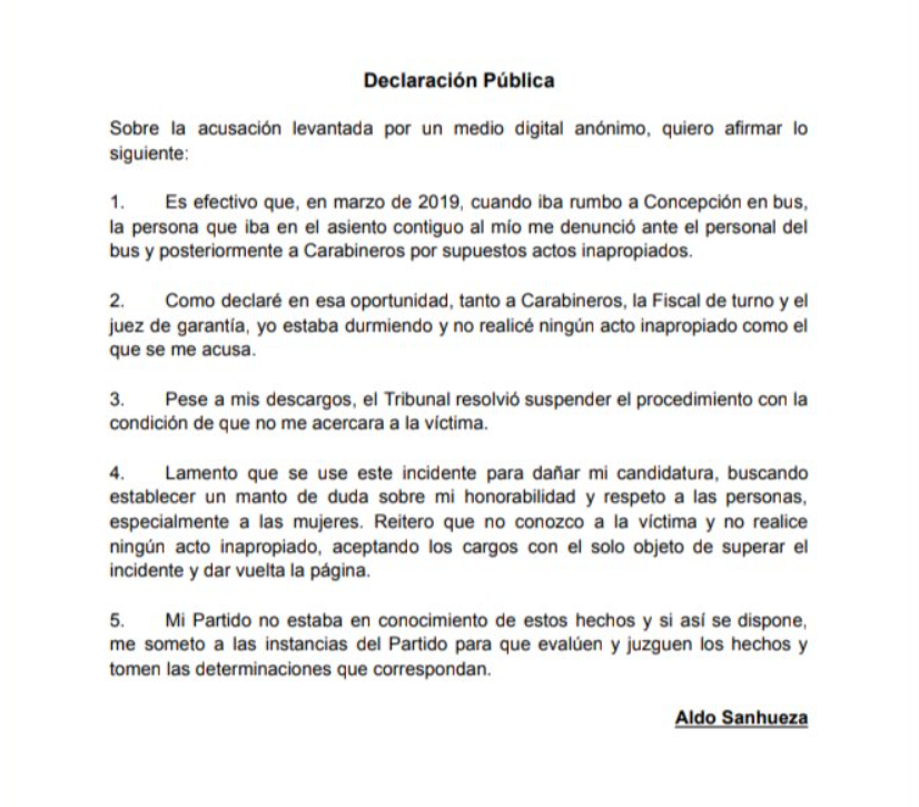 Declaración de candidato del Partido Republicano, Aldo Sanhueza, tras denuncias por abuso sexual.