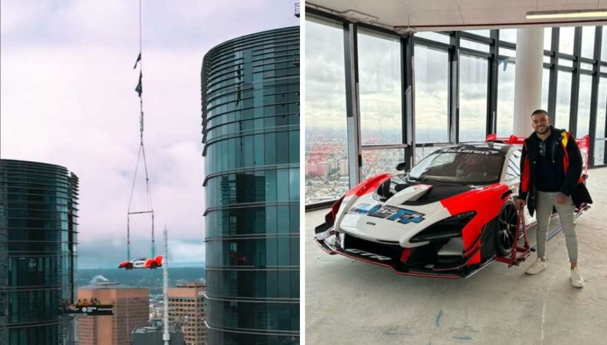 Millonario australiano, Adrian Portelli, sube su auto McLaren a su departamento en un piso 57
