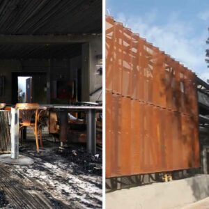 Antes y después del Café Literario del Parque Bustamante, en Providencia. En la izquierda el edificio está quemado, en la derecha está la nueva fachada del edificio con cortinas de metal.