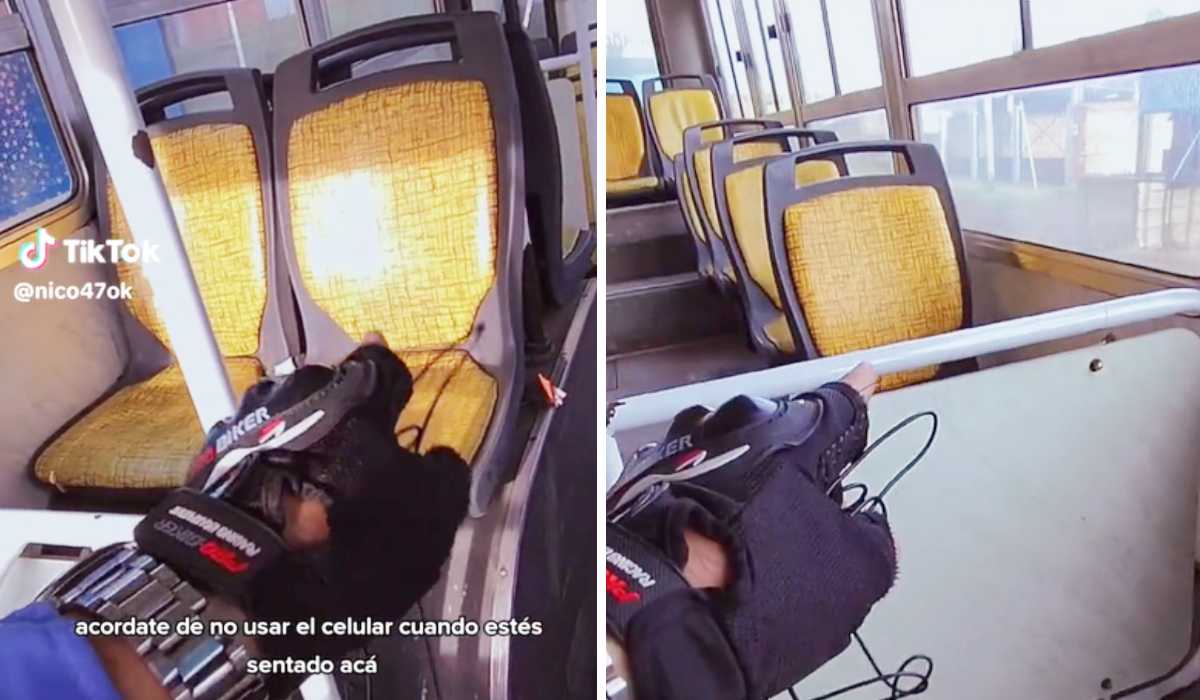 Mano de un conductor de micro indicando asientos peligrosos donde no hay que sentarse para evitar robo de celular.