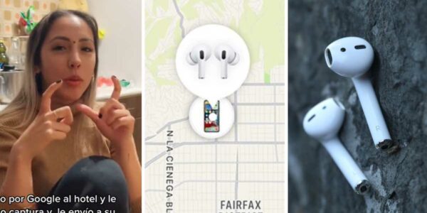 Imagen 1: Joven peruana hablando. Imagen 2: Mapa de Apple mostrando la localización de unos AirPods. Imagen 3: Un par de AirPods de la marca Apple.