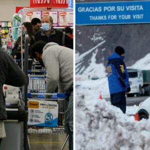 Imagen 1: Chilenos comprando en un supermercado. Imagen 2: Automóvil en paso fronterizo hacia argentina con nieve