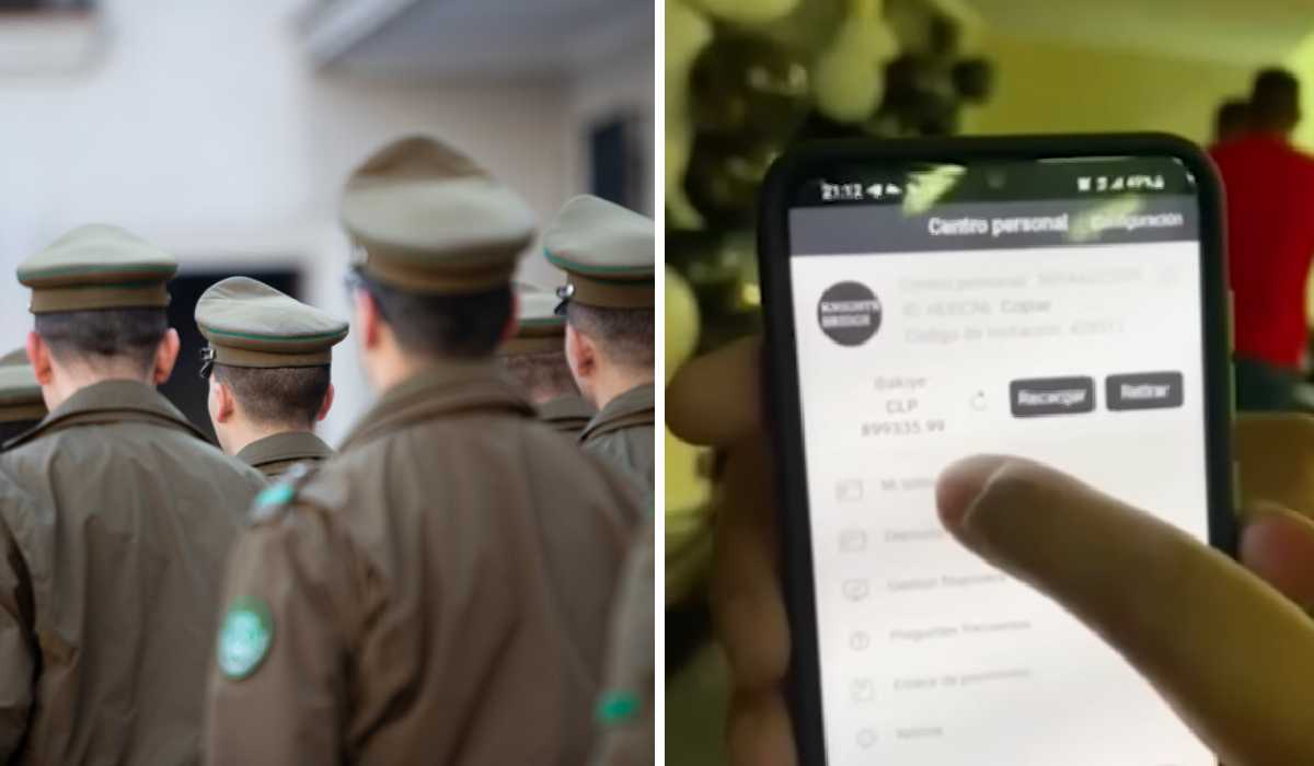 Imagen 1: Funcionarios de Carabineros de Chile. Imagen 2: teléfono con la aplicación Knightsbridge abierta, catalogada como estafa piramidal