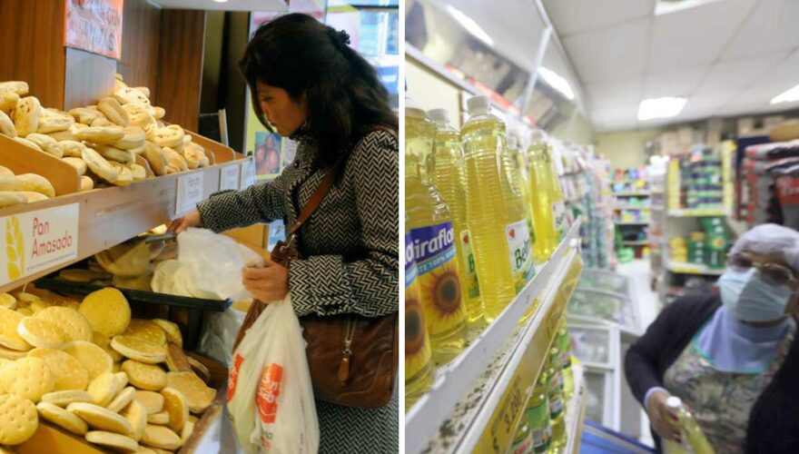 Mujeres comprando pan de harina y aceite en supermercados
