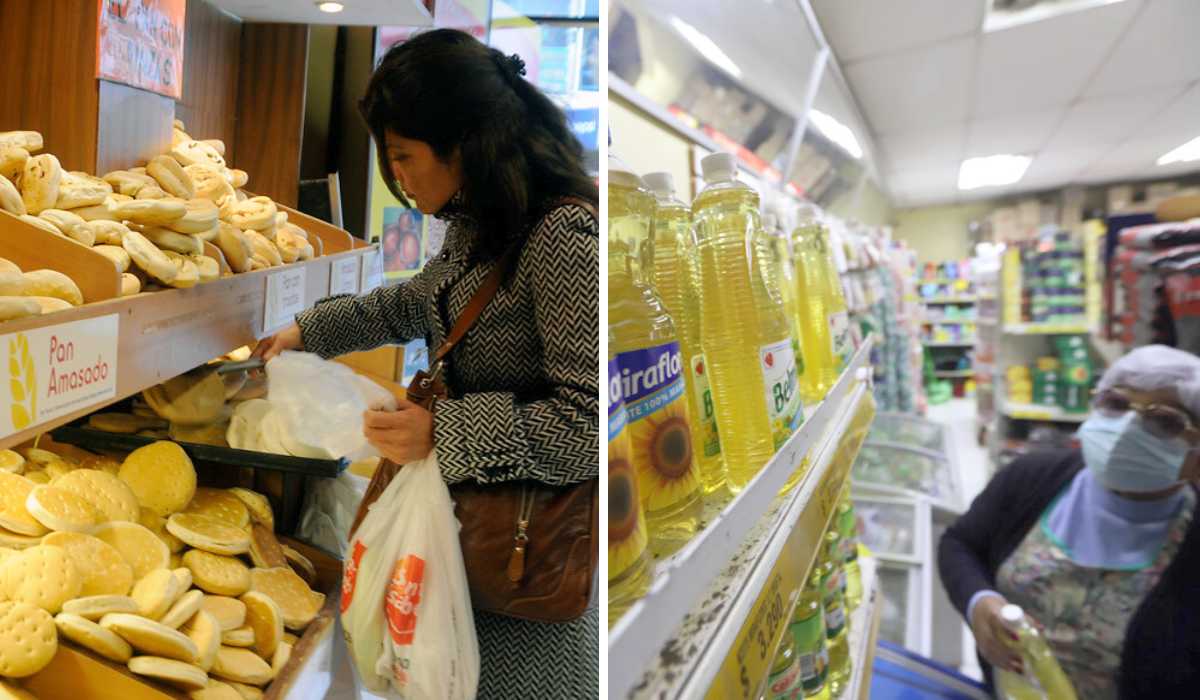 Mujeres comprando pan de harina y aceite en supermercados
