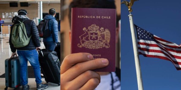 Viajeros de Chile en aeropuerto y la bandera de Estados Unidos, país que usa la Visa Waiver