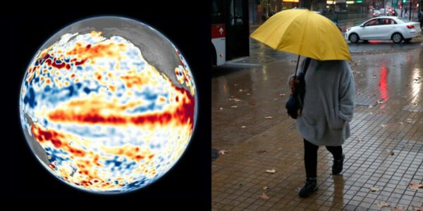 Fenómeno de El Niño y mujer con paragua por las lluvias