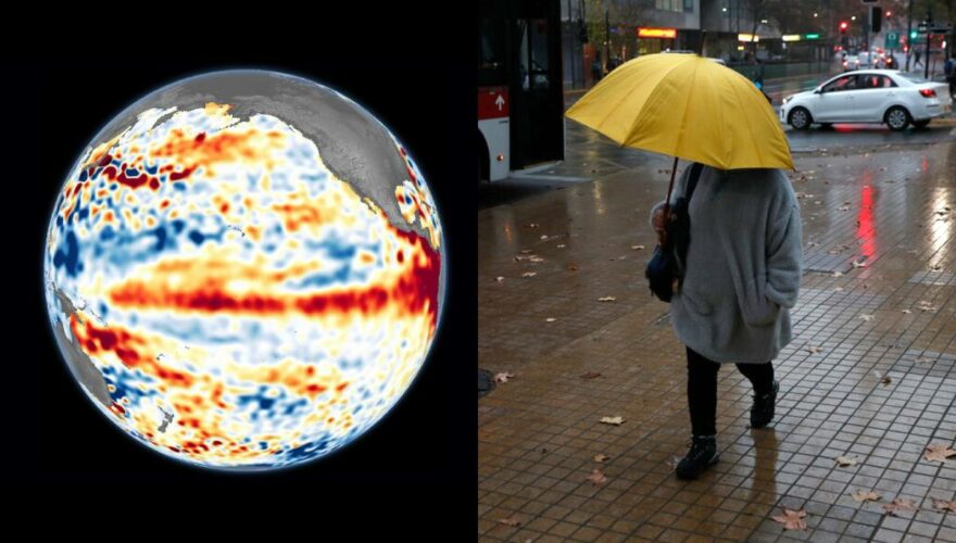 Fenómeno de El Niño y mujer con paragua por las lluvias