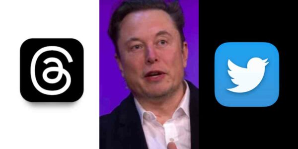 Logo de Threads, Twitter y Elon Musk