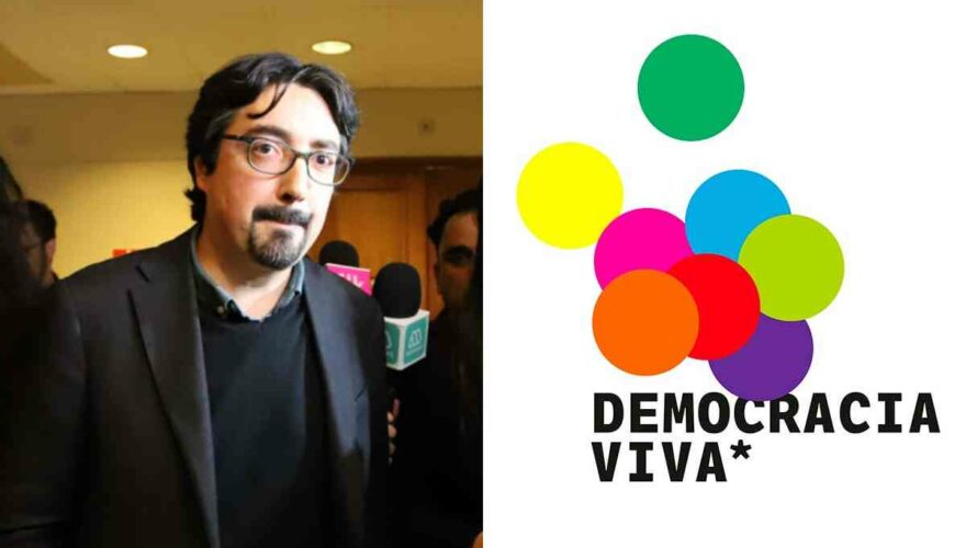 Senador Juan Ignacio Latorre y el logo de la fundación Democracia Viva, involucrada en el caso convenios